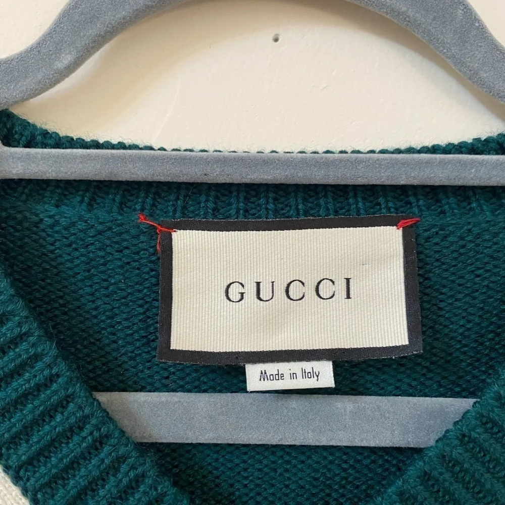Gucci Forest Green Anchor Crest V Neck Wool Sweater Made Italy Varsity College